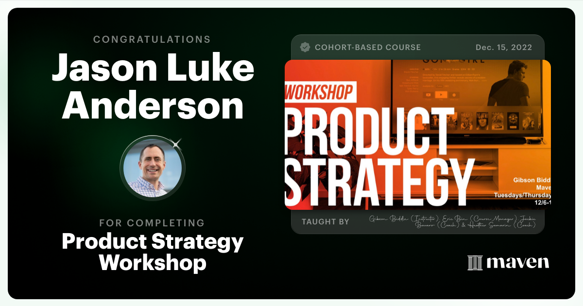 Certificate of Completion for Product Strategy Workshop 2022