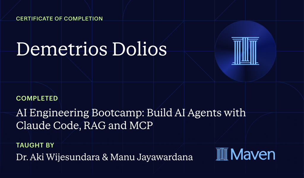 Certificate for AI Engineering Bootcamp: Build AI Agents with Claude Code, RAG and MCP