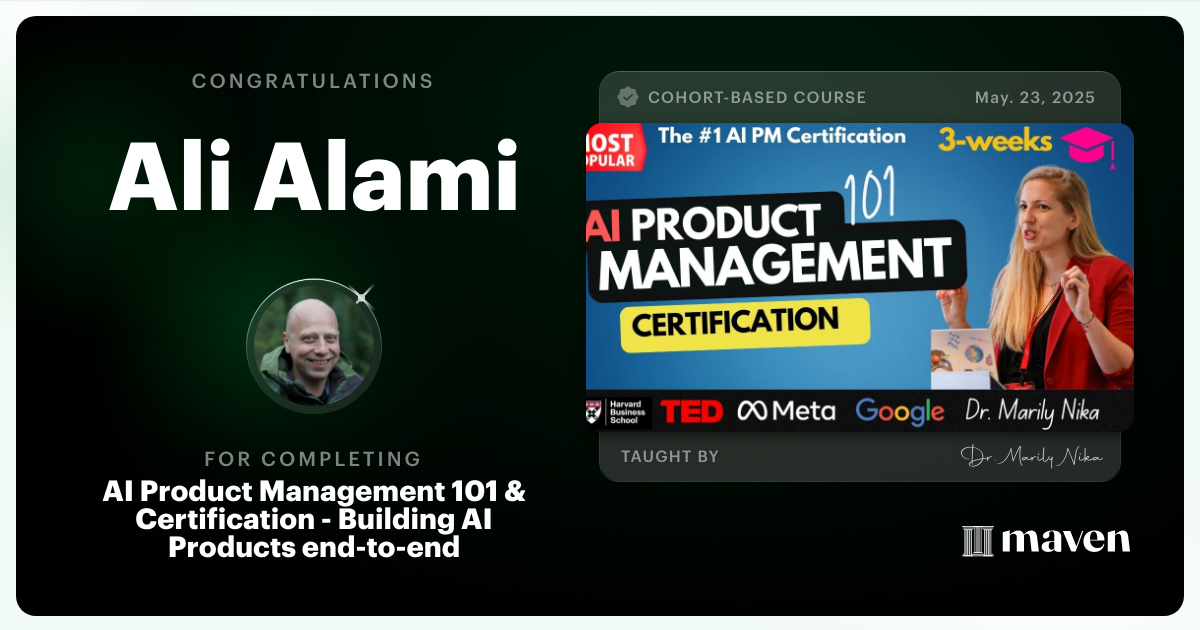 Certificate of Completion for AI Product Management 101 & Certification - Building AI Products end-to-end