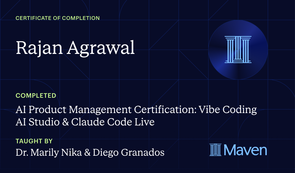 Certificate for AI Product Management Certification: Vibe Coding AI Studio & Claude Code Live