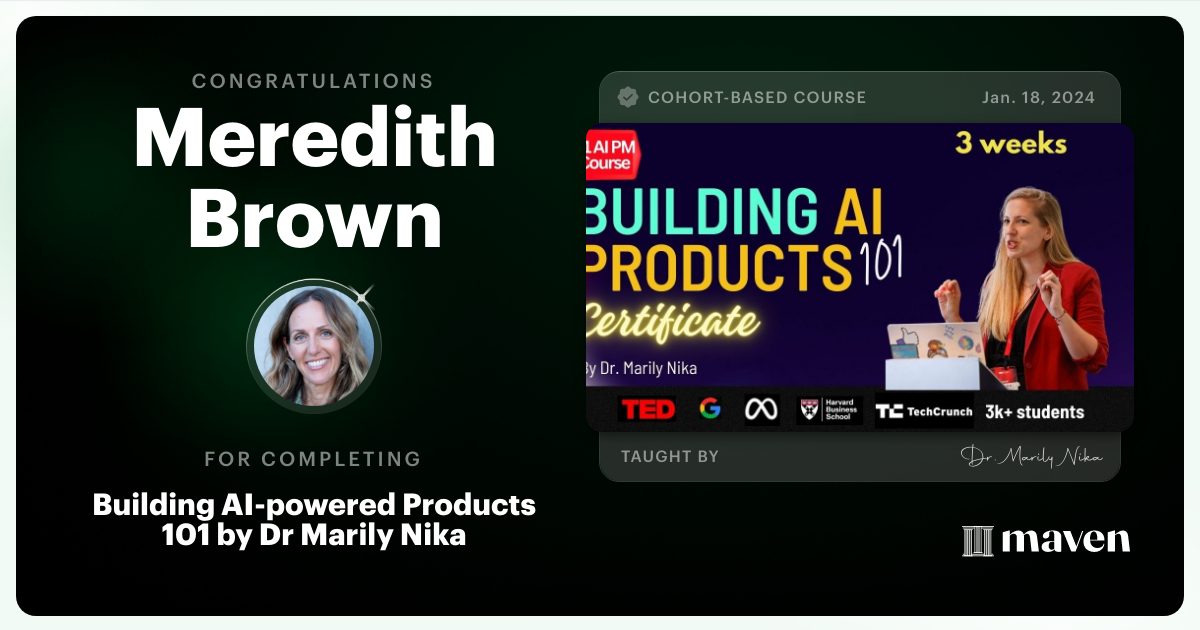Certificate of Completion for AI Product Management 101 & Certification - Building AI Products end-to-end