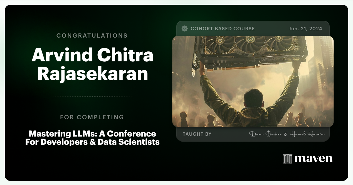 Certificate of Completion for Mastering LLMs For Developers & Data Scientists