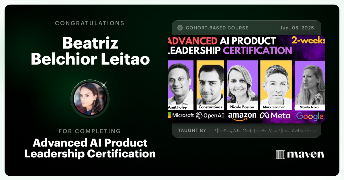 Certificate of Completion for Advanced AI Product Leadership Certification