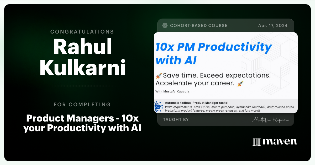 Certificate of Completion for Get Your Time Back: AI for Product Managers