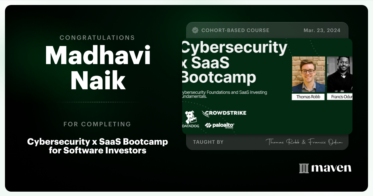 Certificate of Completion for Cybersecurity x SaaS Bootcamp for Software Investors 
