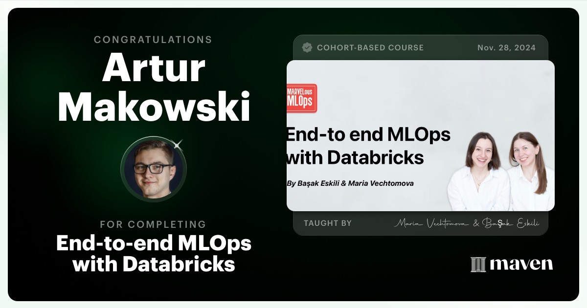 Certificate of Completion for End-to-end MLOps with Databricks