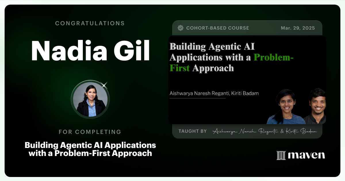 Certificate of Completion for Building Agentic AI Applications with a Problem-First Approach