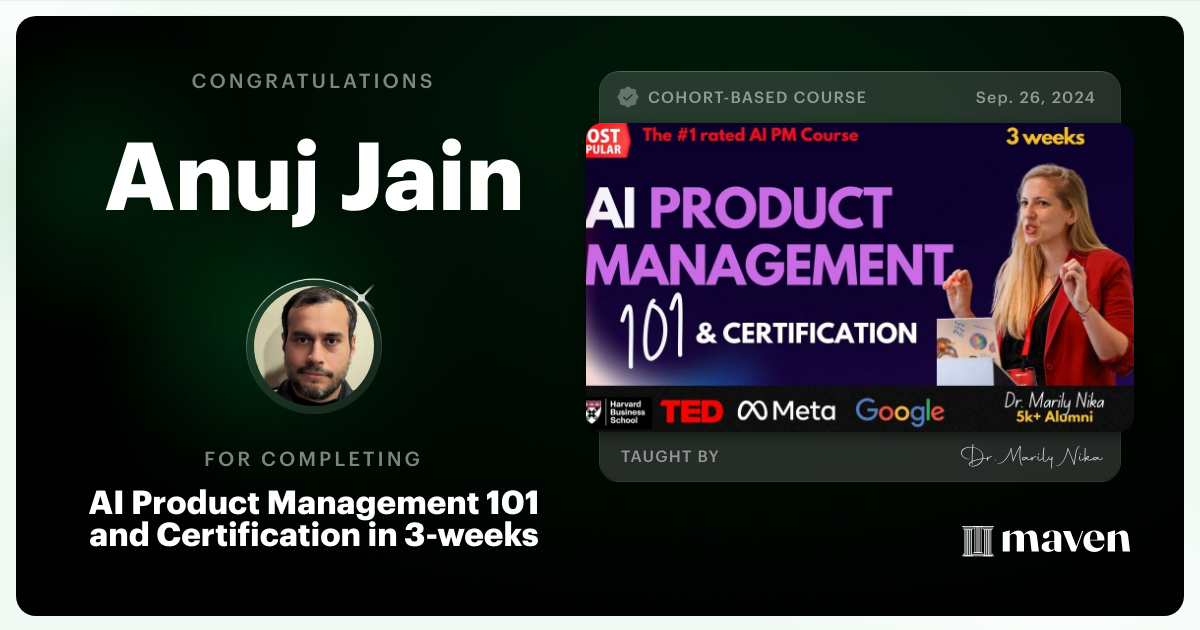 Certificate of Completion for AI Product Management 101 & Certification - Building AI Products end-to-end