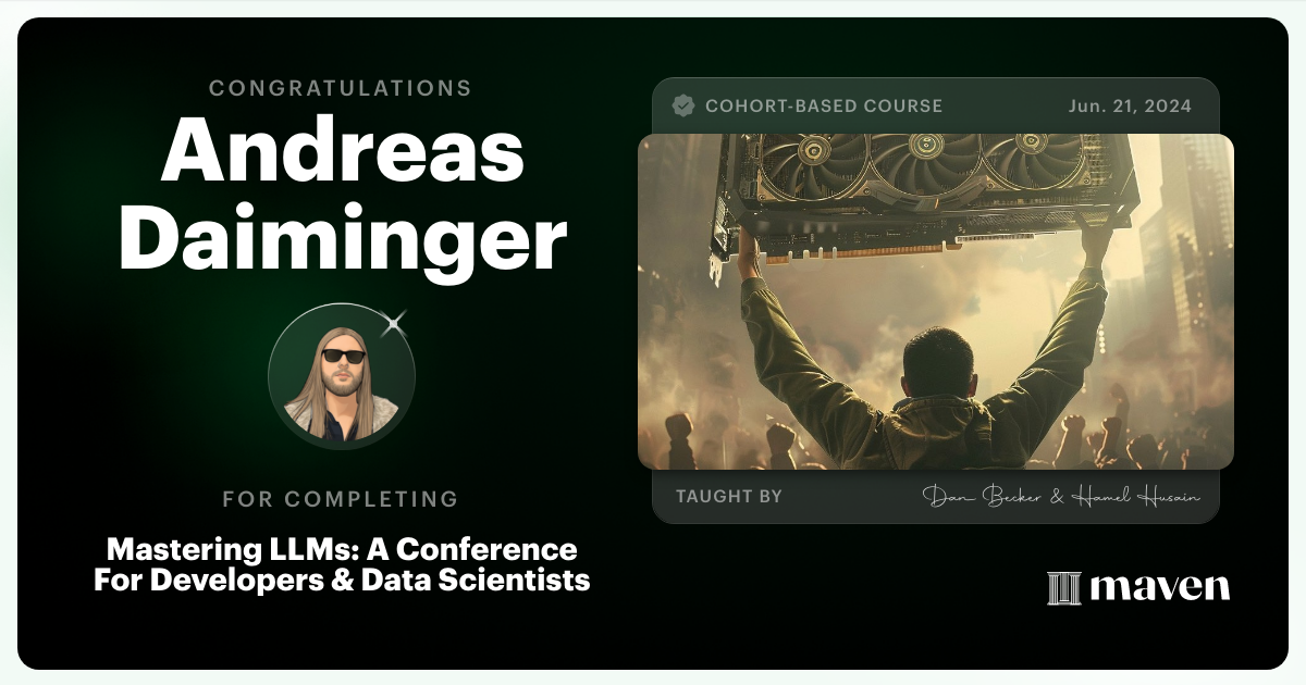 Certificate of Completion for Mastering LLMs For Developers & Data Scientists