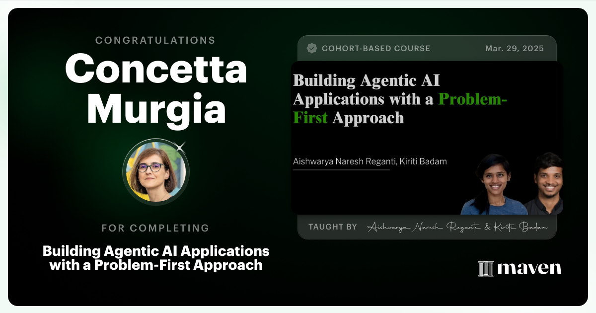 Certificate of Completion for Building Agentic AI Applications with a Problem-First Approach