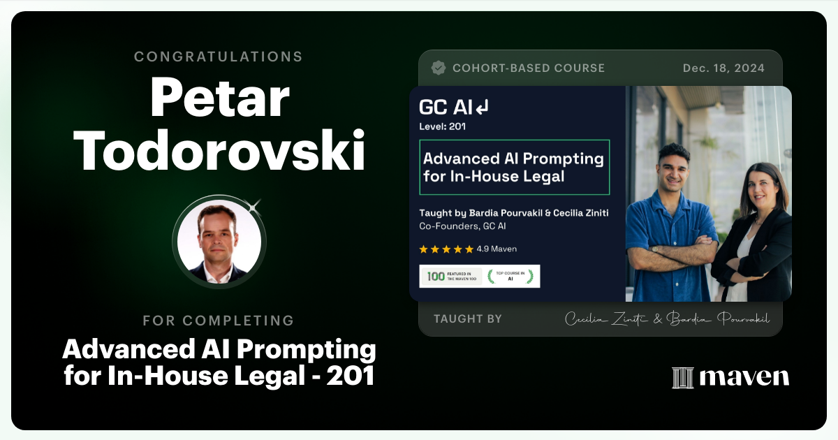 Certificate of Completion for Advanced AI Prompting for In-House Legal - 201