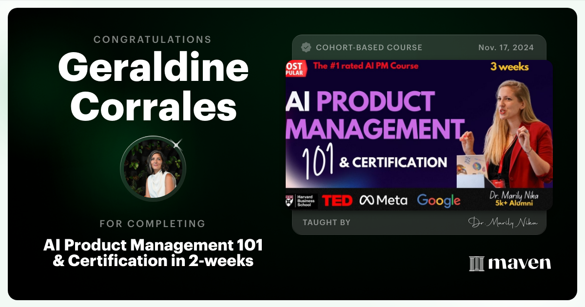 Certificate of Completion for AI Product Management 101 & Certification - Building AI Products end-to-end