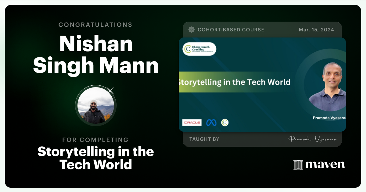 Certificate of Completion for Storytelling in the Tech World