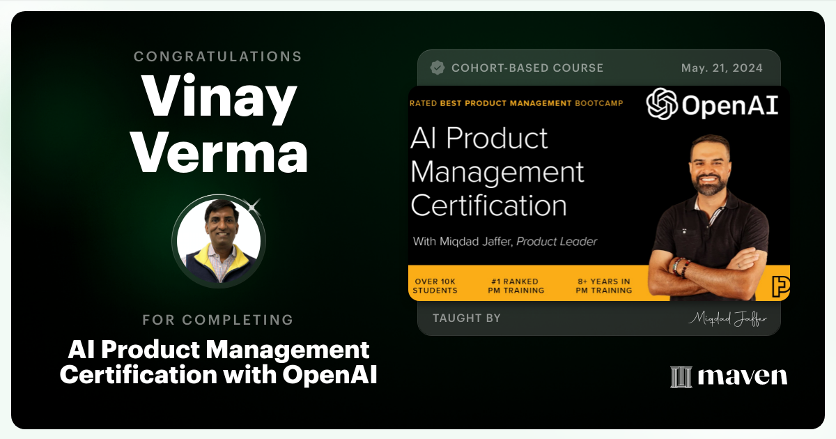 Certificate of Completion for AI Product Management Certification by Product Faculty