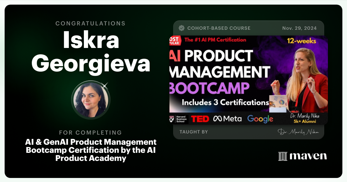 Certificate of Completion for AI Product Management Bootcamp & Certification by AI Product Academy