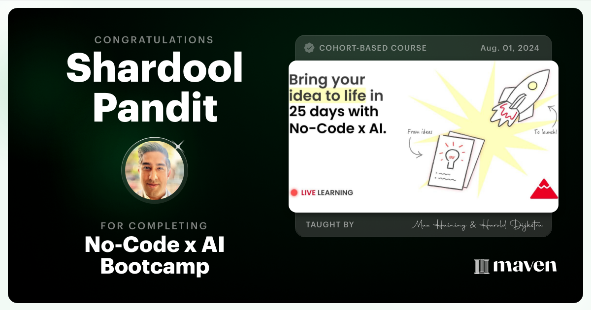 Certificate of Completion for No-Code x AI Bootcamp