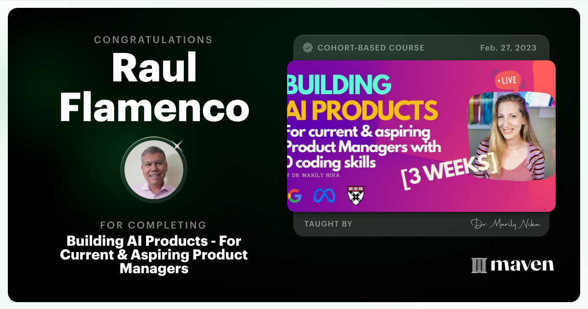 Certificate of Completion for AI Product Management 101 & Certification - Building AI Products end-to-end