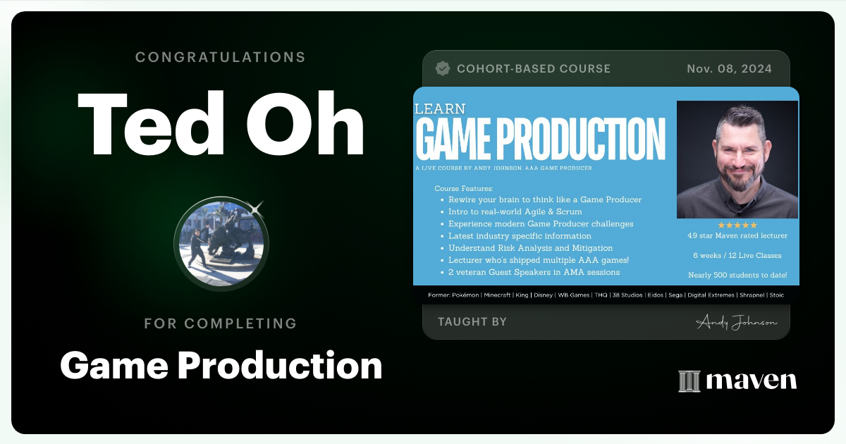 Certificate of Completion for Game Production – Think Like a Game Producer & Ship Games!