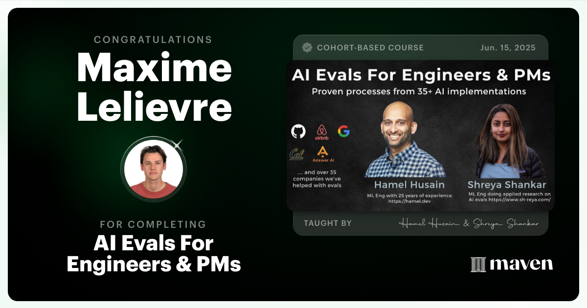Certificate of Completion for AI Evals For Engineers & PMs