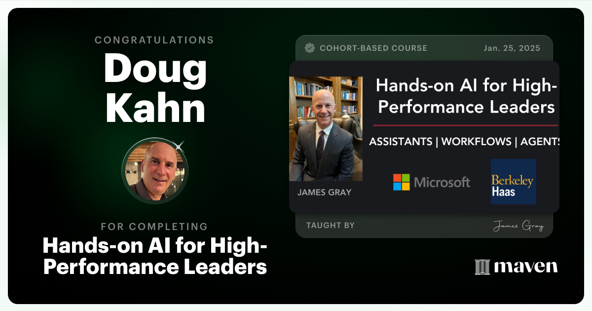 Certificate of Completion for Hands-on Agentic AI for Leaders