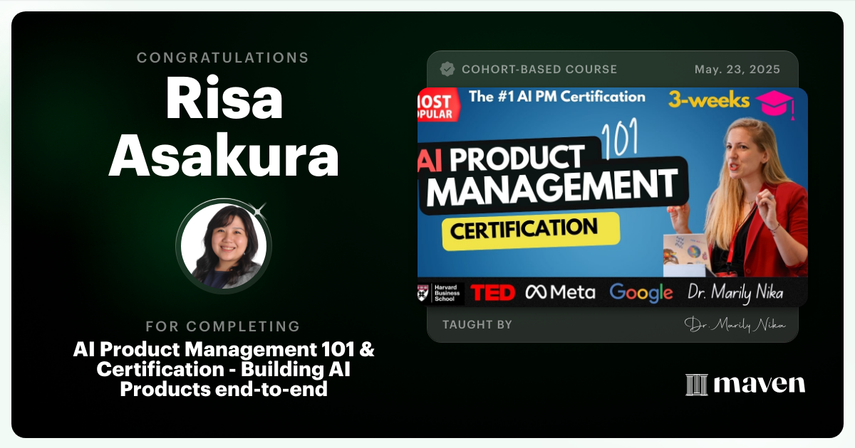 Certificate of Completion for AI Product Management 101 & Certification - Building AI Products end-to-end