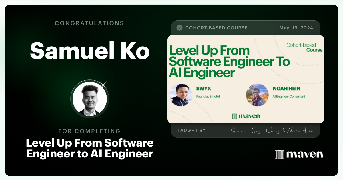 Certificate of Completion for Level Up From Software Engineer to AI Engineer