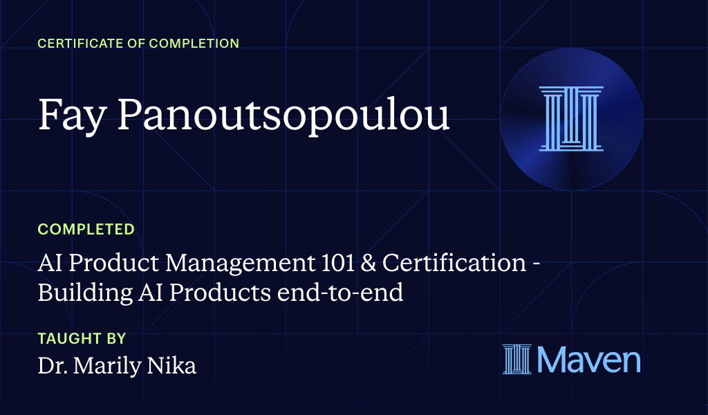 Certificate for AI Product Management 101 & Certification - Building AI Products end-to-end