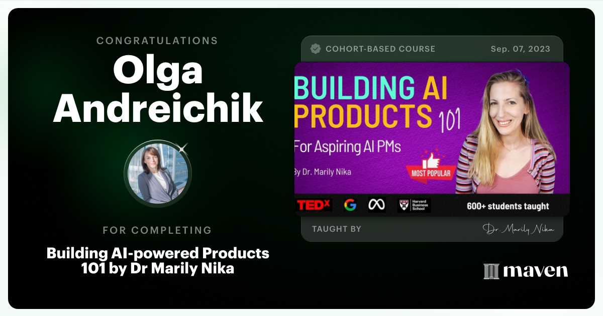 Certificate of Completion for AI Product Management 101 & Certification - Building AI Products end-to-end
