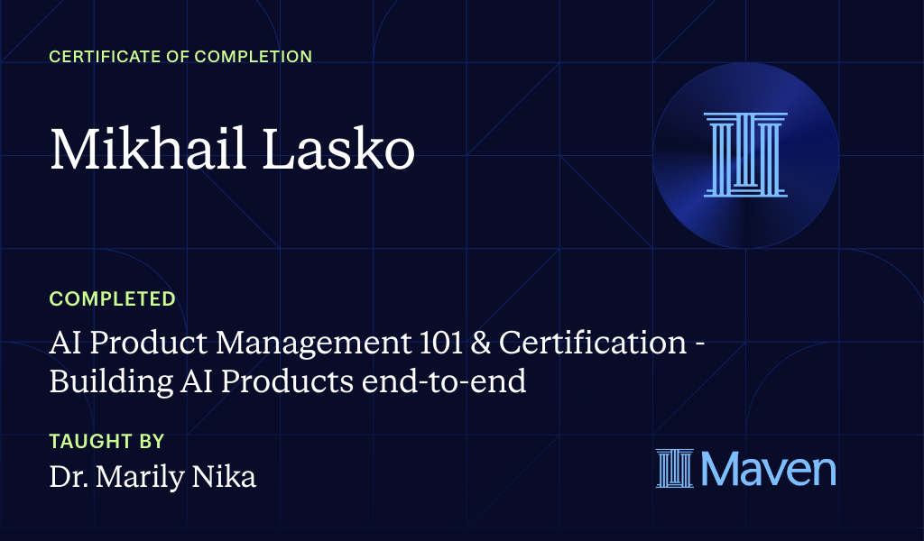 Certificate for AI Product Management 101 & Certification - Building AI Products end-to-end