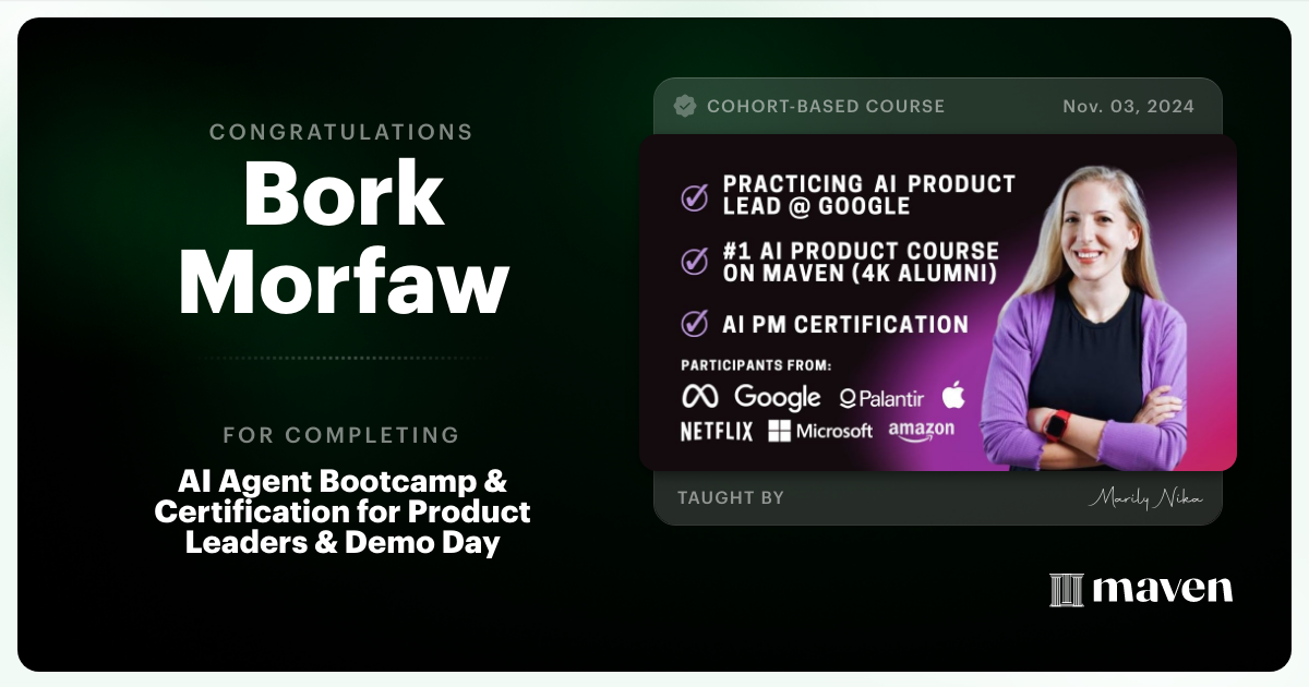 Certificate of Completion for AI Agent Bootcamp 101 for Product Leaders