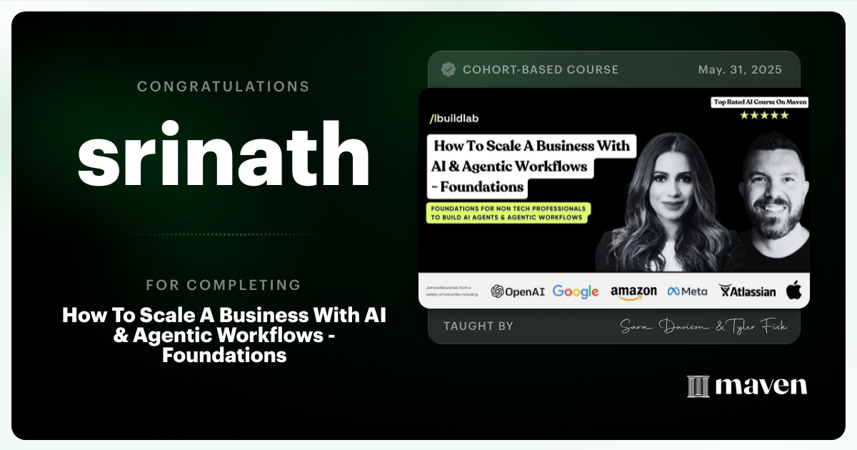 Certificate of Completion for How To Scale A Business With AI & Agentic Workflows - Foundations