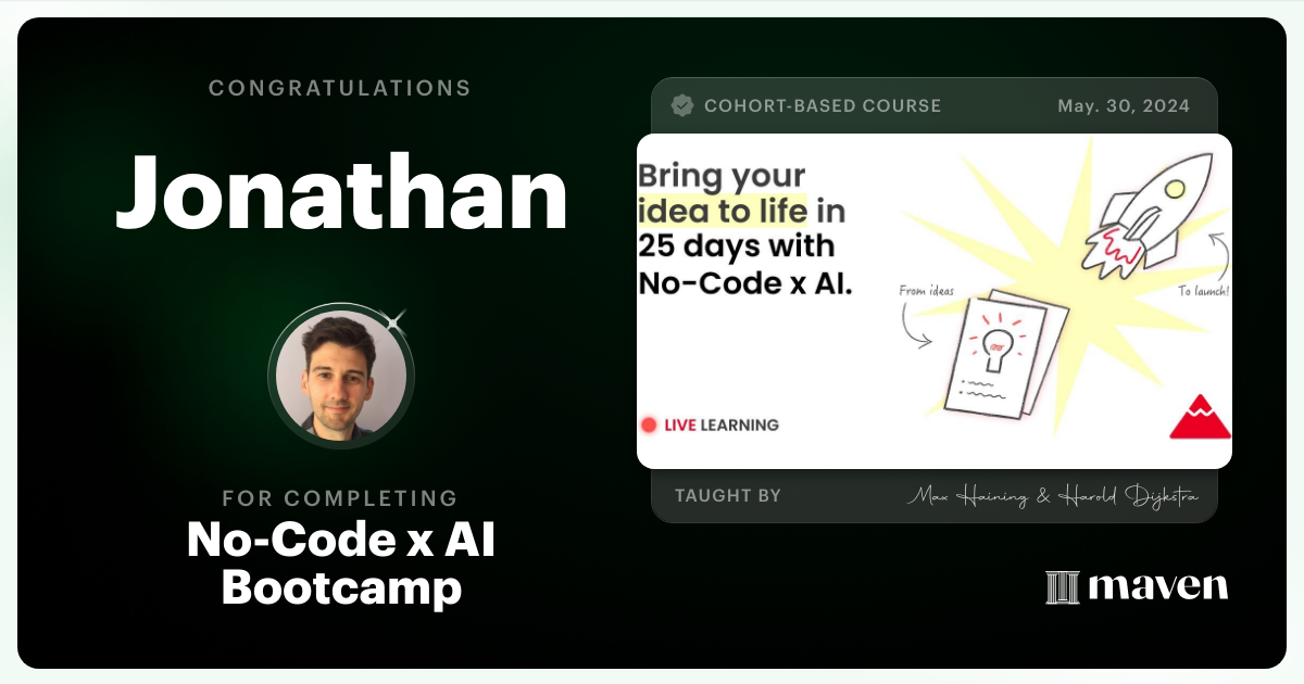 Certificate of Completion for No-Code x AI Bootcamp