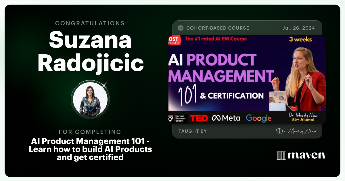 Certificate of Completion for AI Product Management 101 & Certification - Building AI Products end-to-end