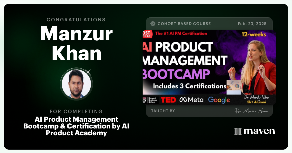Certificate of Completion for AI Product Management Bootcamp & Certification by AI Product Academy