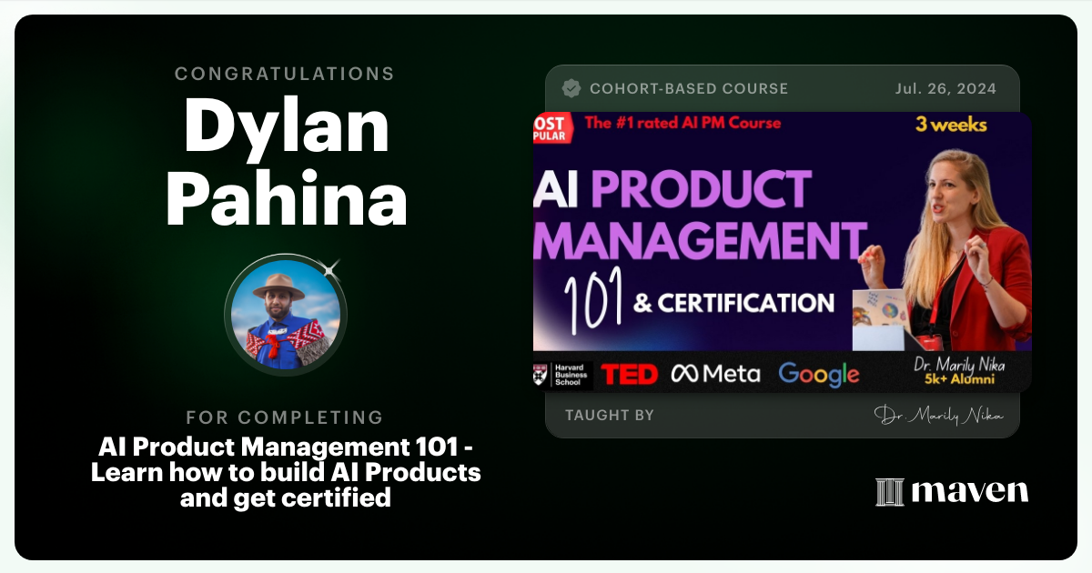 Certificate of Completion for AI Product Management 101 & Certification - Building AI Products end-to-end