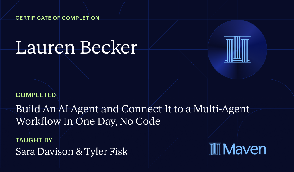 Certificate for Build An AI Agent and Connect It to a  Multi-Agent Workflow In One Day, No Code