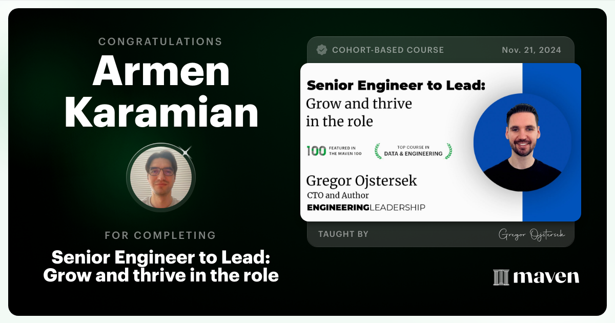 Certificate of Completion for Senior Engineer to Lead: Grow and thrive in the role