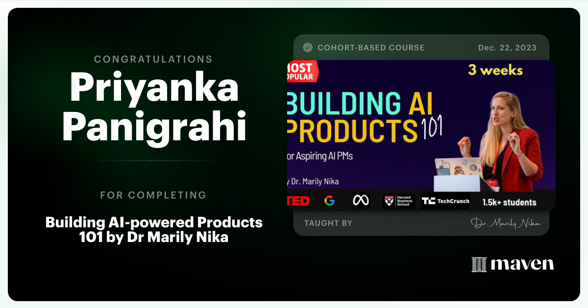 Certificate of Completion for AI Product Management 101 & Certification - Building AI Products end-to-end