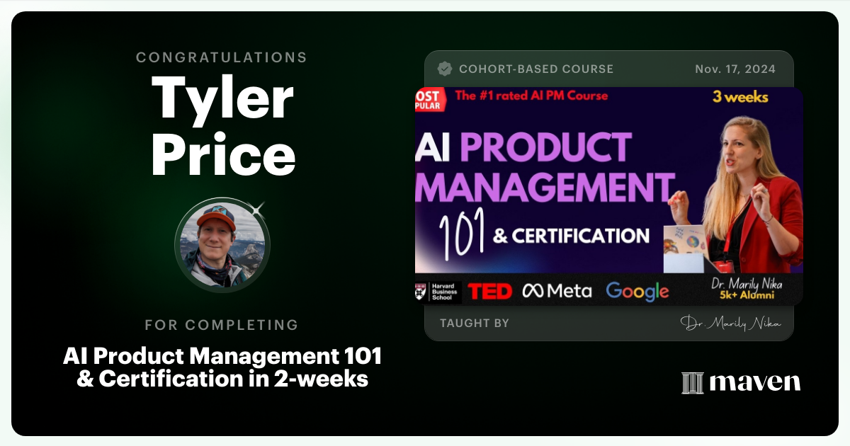 Certificate of Completion for AI Product Management 101 & Certification - Building AI Products end-to-end