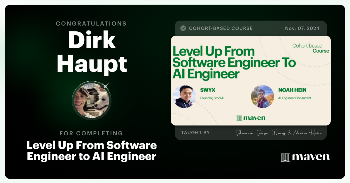 Certificate of Completion for Level Up From Software Engineer to AI Engineer