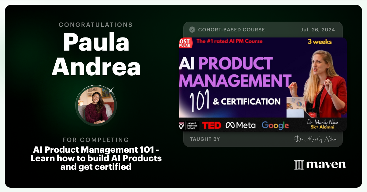 Certificate of Completion for AI Product Management 101 & Certification - Building AI Products end-to-end