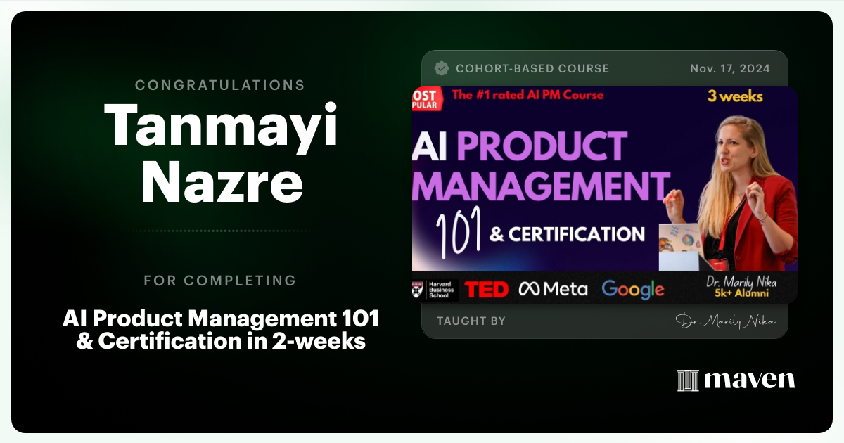 Certificate of Completion for AI Product Management 101 & Certification - Building AI Products end-to-end