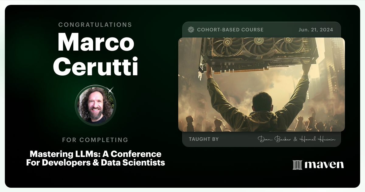 Certificate of Completion for Mastering LLMs For Developers & Data Scientists