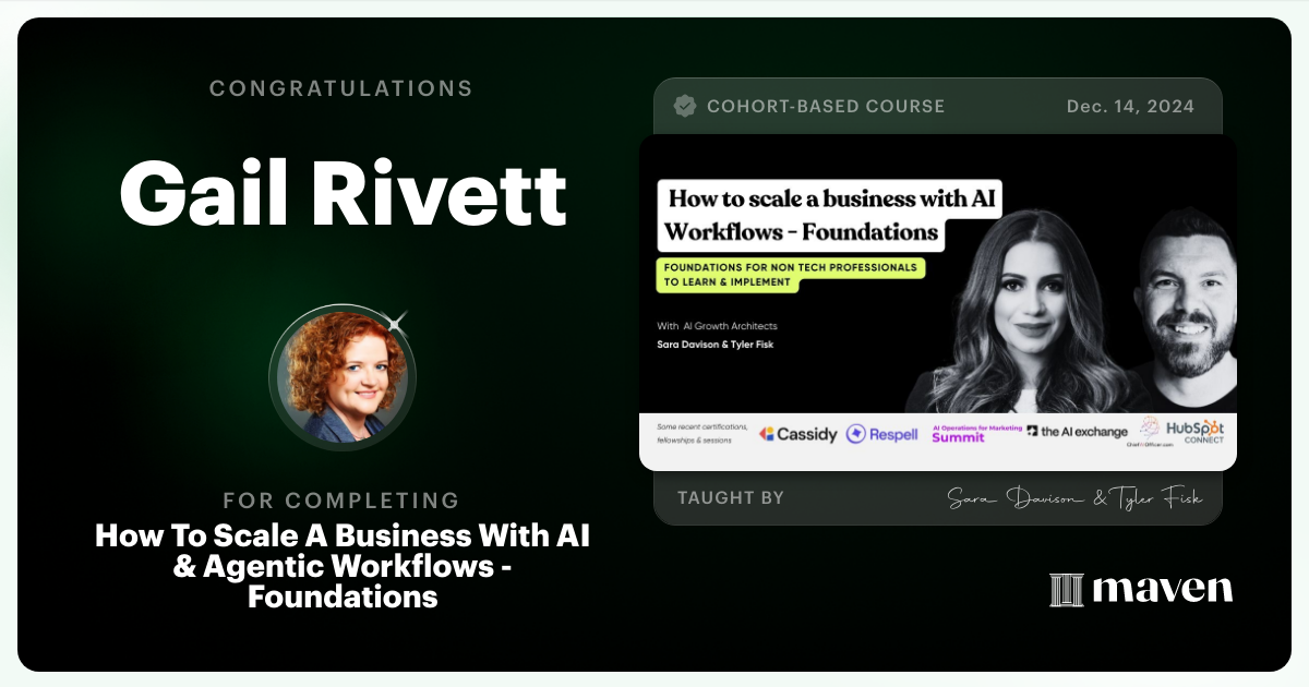 Certificate of Completion for How To Scale A Business With AI & Agentic Workflows - Foundations