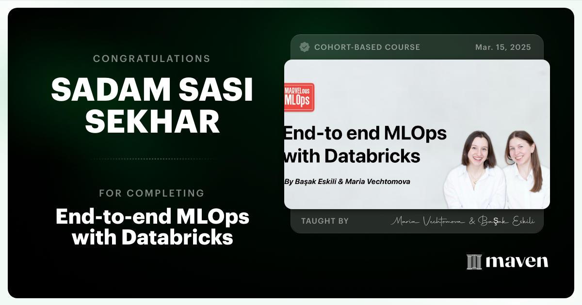 Certificate of Completion for End-to-end MLOps with Databricks
