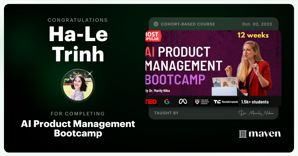 Certificate of Completion for AI Product Management Bootcamp & Certification by AI Product Academy