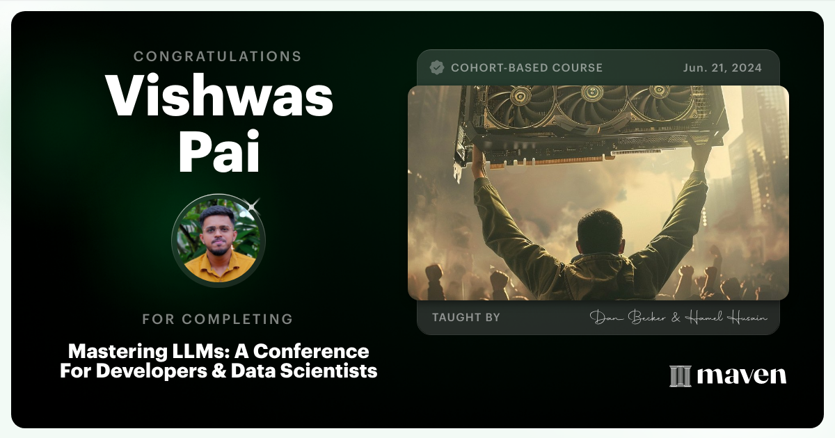 Certificate of Completion for Mastering LLMs For Developers & Data Scientists