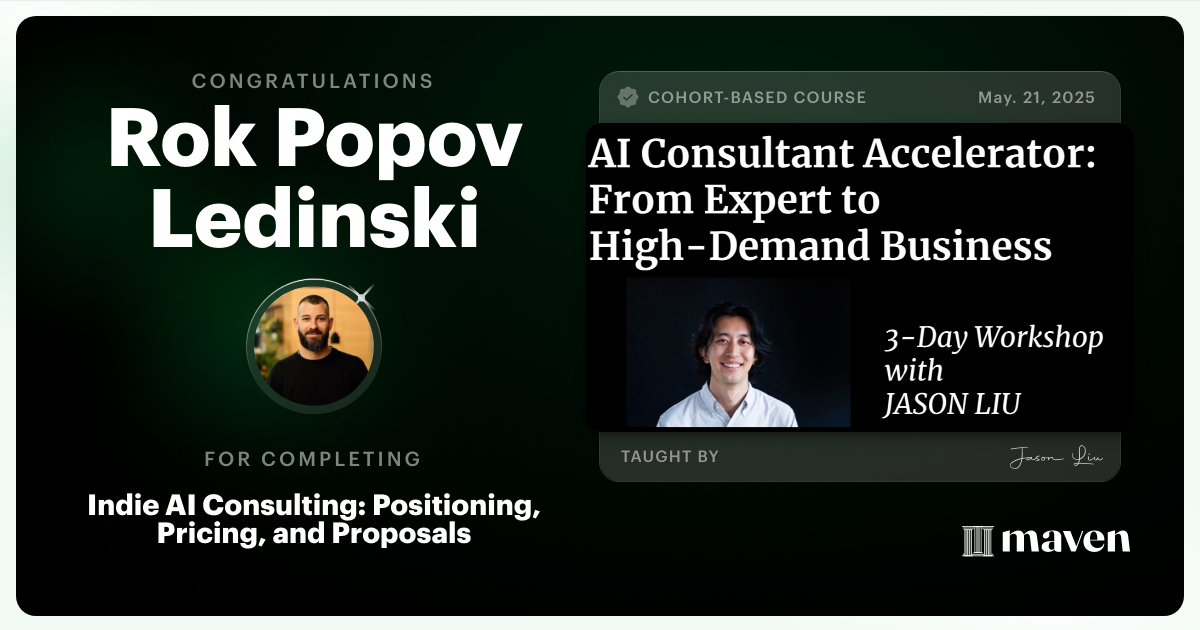 Certificate of Completion for Indie AI Consulting: Positioning, Pricing, and Proposals