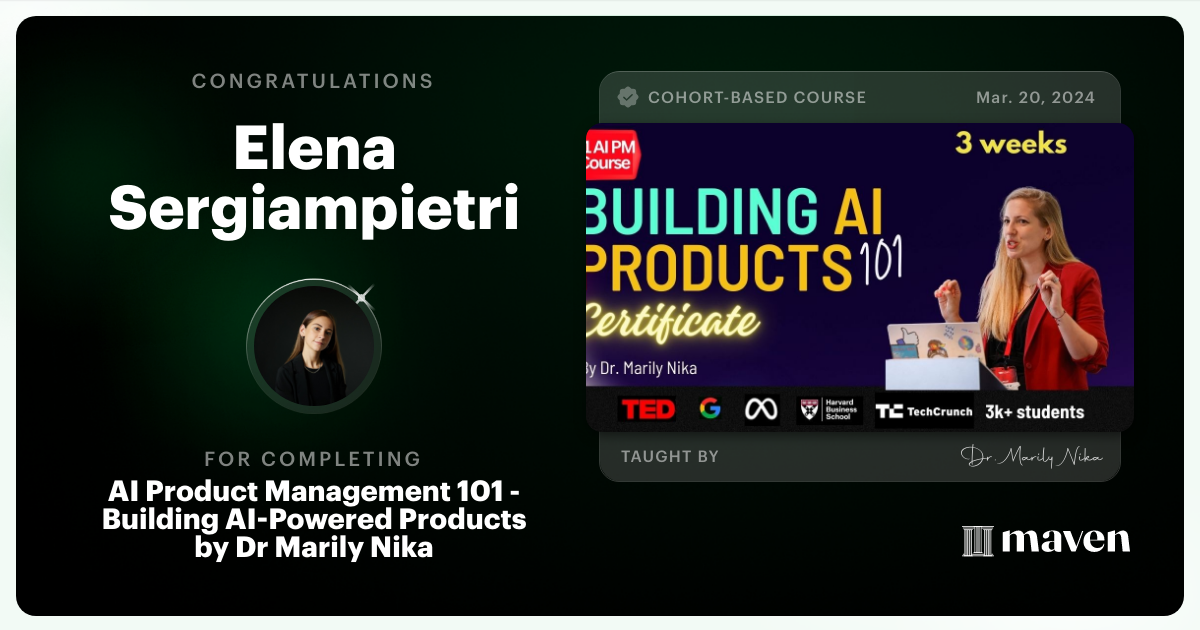 Certificate of Completion for AI Product Management 101 & Certification - Building AI Products end-to-end