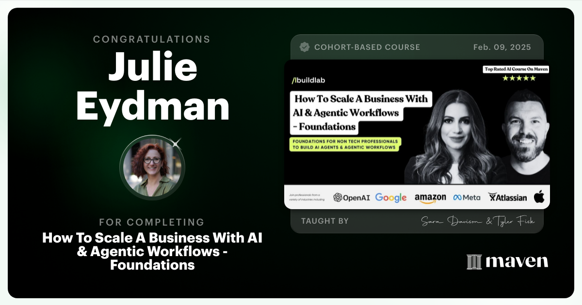Certificate of Completion for How To Scale A Business With AI & Agentic Workflows - Foundations